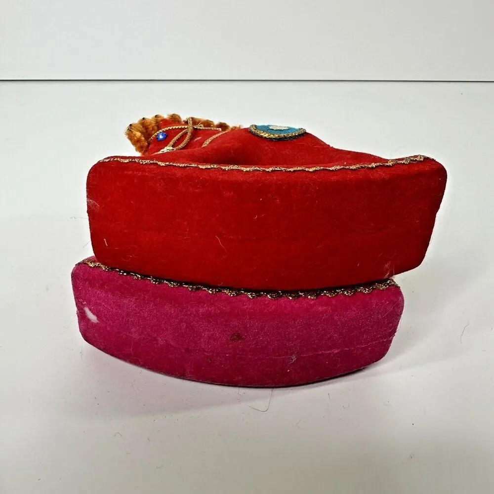 2 Vtg Rocking Horse Flocked Christmas Ornaments Kitschy Red Pink Pipe Cleaner 4